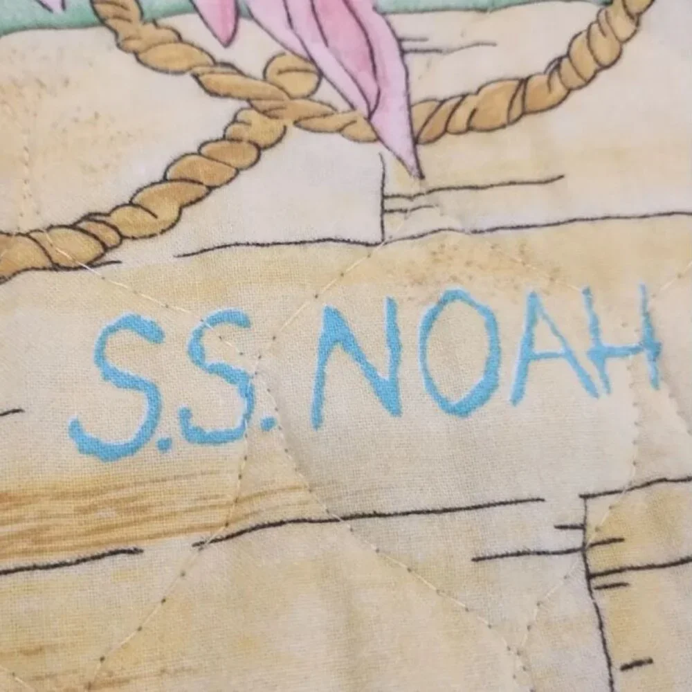 Vintage Handmade Quilted Baby Blanket Noah's Ark with Animals and Rainbow 34x42